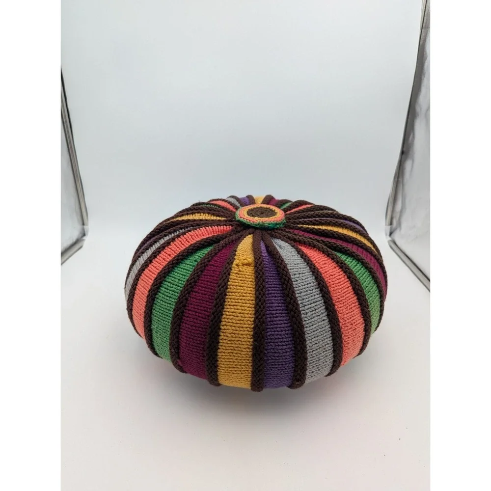 VTG Handmade Crochet Round Floor‎ Pillow Multicolor Boho Cushion 15 Inch Granny